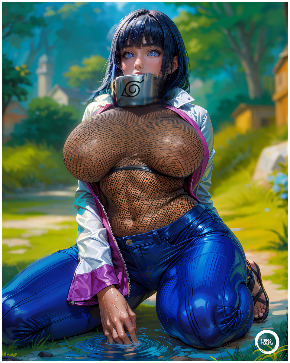 ai_generated big_breasts blue_hair boots busty cleavage cute fishnet_stockings fishnets glowing_eyes hyuuga_hinata kawaii kneeling long_hair naruto naruto_(series) naruto_shippuden purple_eyes sandals yametastudio