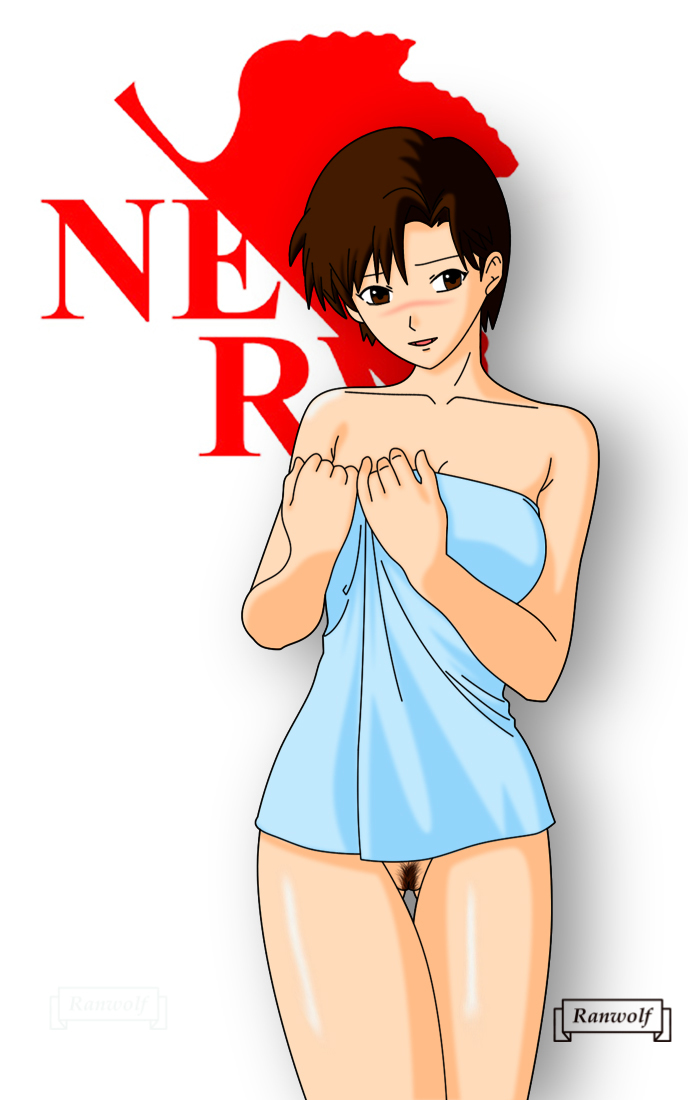 1girls blush breasts brown_eyes brown_hair female female_only gainax human human_only light-skinned_female light_skin maya_ibuki neon_genesis_evangelion nerv pubic_hair ranwolf short_hair solo tagme towel uncensored wide_hips