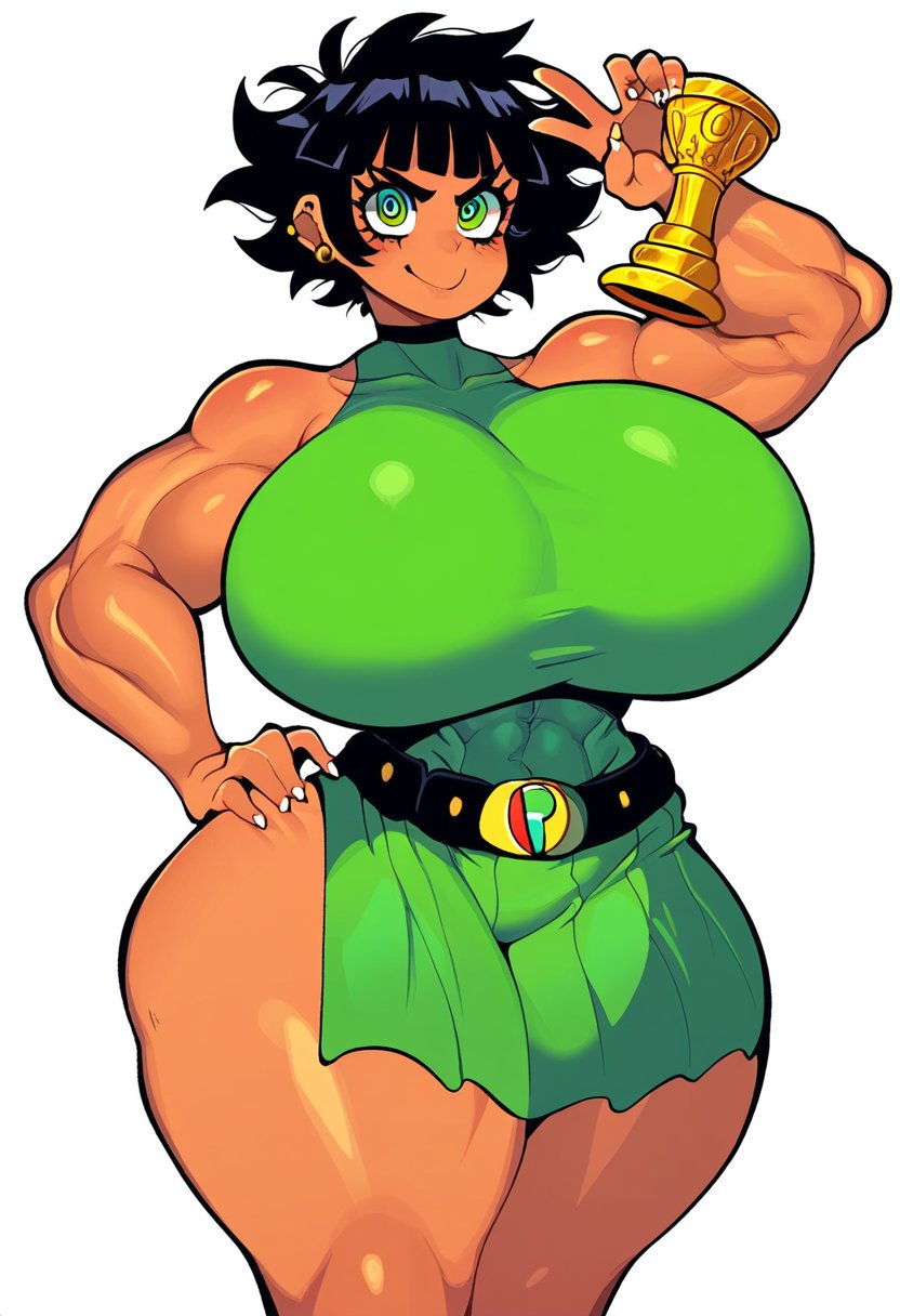 1female 1girl 1girls ai_generated belt big_boobs big_breasts big_tits black_belt black_hair black_hair_female buttercup_(powerpuff_girls) cartoon_network curvy curvy_body curvy_female curvy_figure dan16369336 dress female female_only green_dress muscular muscular_female powerpuff_girls purple_eyelids short_hair short_hair_female skimpy_clothes skimpy_dress sole_female tagme trophy twitter_link wide_hips