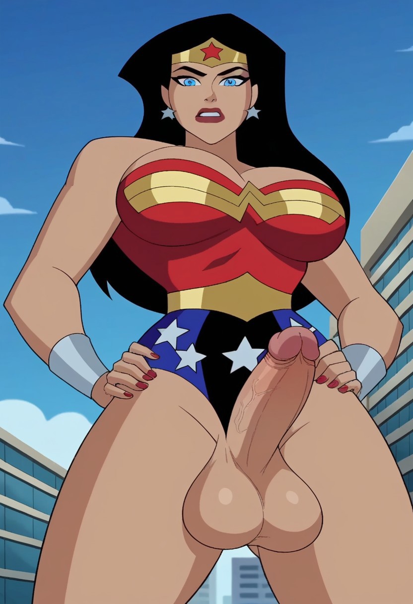 1futa ai_generated balls big_balls big_breasts black_hair blue_eyes breasts cartoon city dc_comics erect_penis erection futa_only futa_sans_pussy futanari huge_cock justice_league_unlimited legs solo superheroine wonder_woman wonder_woman_(series)