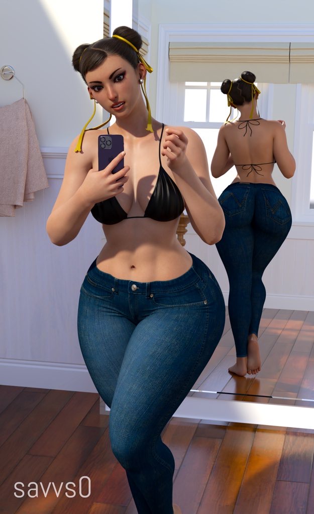 1girls, 3d, ass, ass crack, ass focus, big ass, big butt, brown eyes, brown hair, butt crack, capcom, chun-li, female, female focus, female only, jeans, mature, mature female, milf, mirror selfie, savvs, savvs0, selfie, street fighter, street fighter 6, video games, wide hips