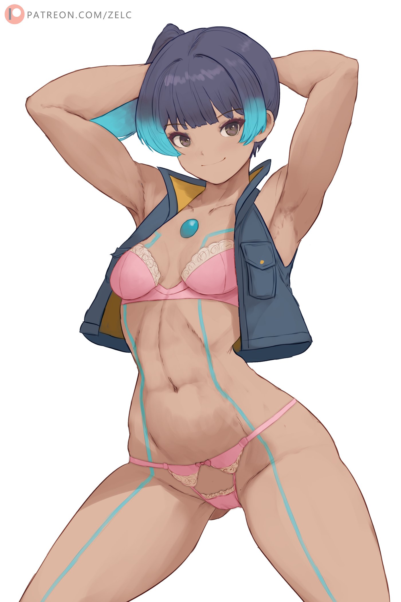 abs, bra, brown hair, core crystal, dark hair, dark skin, dark-skinned female, female, flaming hair, jacket, jacket open, lingerie, panties, pink bra, pink panties, sena (xenoblade), side ponytail, tagme, tan skin, tomboy, toned, toned female, xenoblade (series), xenoblade chronicles 3, zelc-face