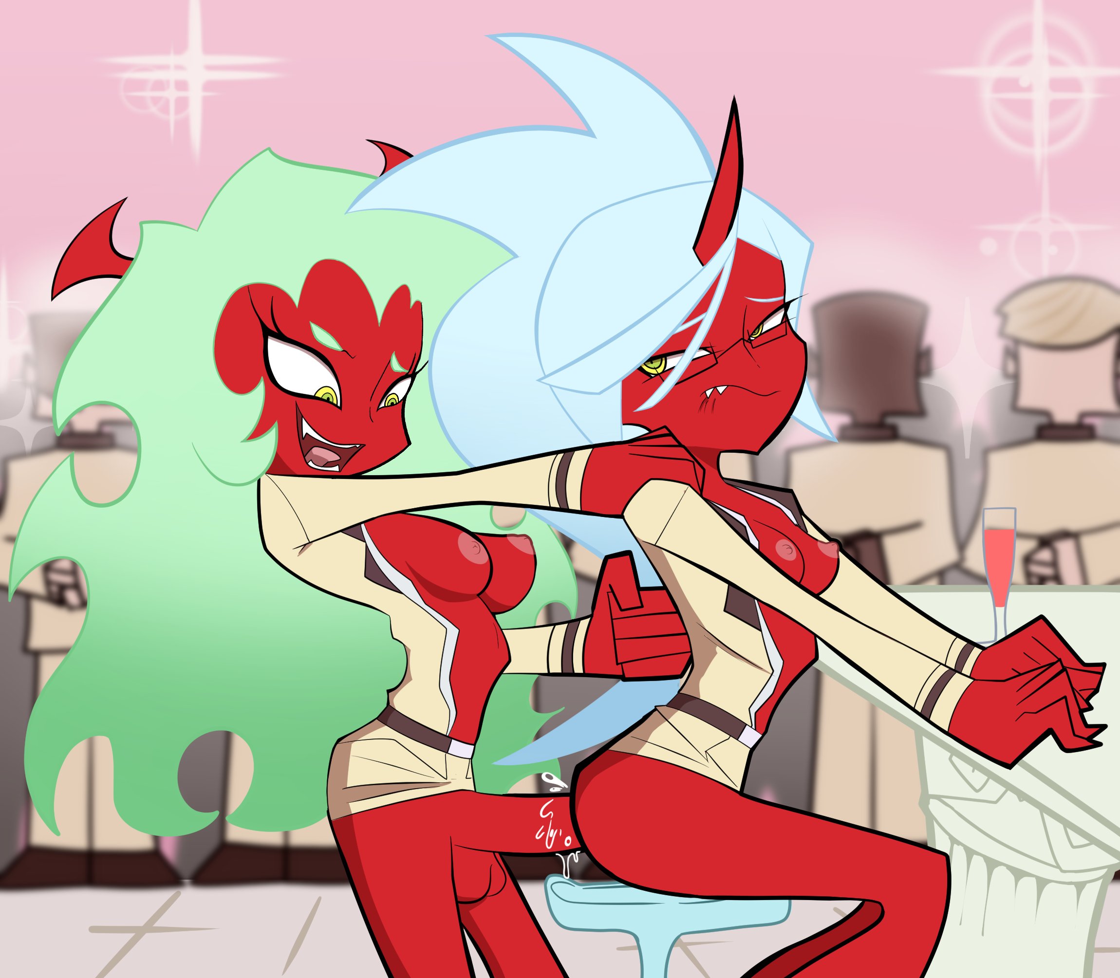 1futa, 1girls, 2demons, areolae, ass, balls, big ass, bottomless, breasts, clothed, clothing, demon, demon girl, demon horns, duo, erection, female, futa on female, futanari, glasses, huge cock, humanoid, humanoid penis, incest, intersex, kneesocks daemon, monke brush, mostly clothed, nipples, panty & stocking with garterbelt, penis, red body, scanty daemon, sisters, smooth balls, smooth penis