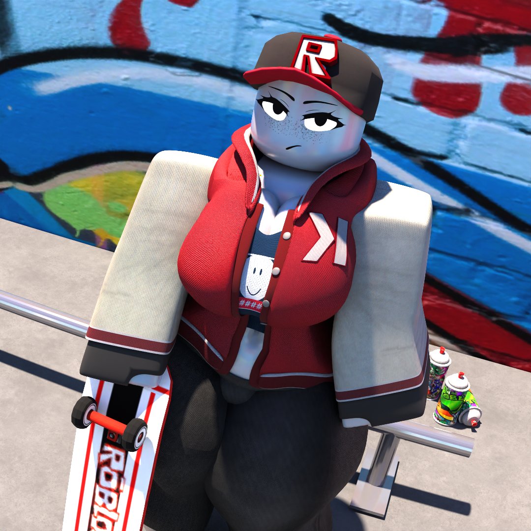 1girls 3d freckles hat letterman_jacket looking_at_viewer nearlyepoint paint_can pants pussy_bulge red_jacket roblox robloxian rubensim rule_63 sitting sitting_on_rail skateboard solo spray_paint tagme youtube youtuber