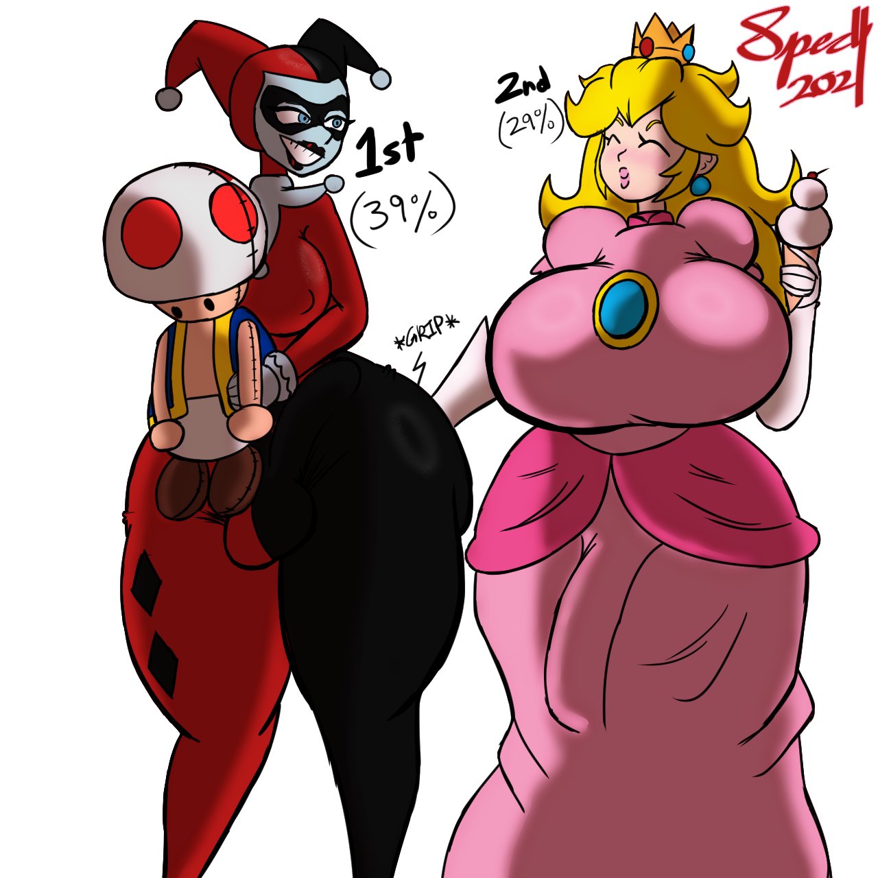 2futas ass_grab big_ass big_breasts big_bulge big_penis breasts_bigger_than_head bulge bulge_through_clothing clothed clothing crossover dc dc_comics duo eastern_and_western_character erection fully_clothed futa_only futanari harley_quinn harley_quinn_(classic) huge_ass huge_breasts huge_bulge huge_cock human light-skinned_futanari light_skin mario_(series) nintendo nipples_visible_through_clothing no_bra penis princess_peach specnsfw standing super_mario_bros. teasing thick_thighs wide_hips