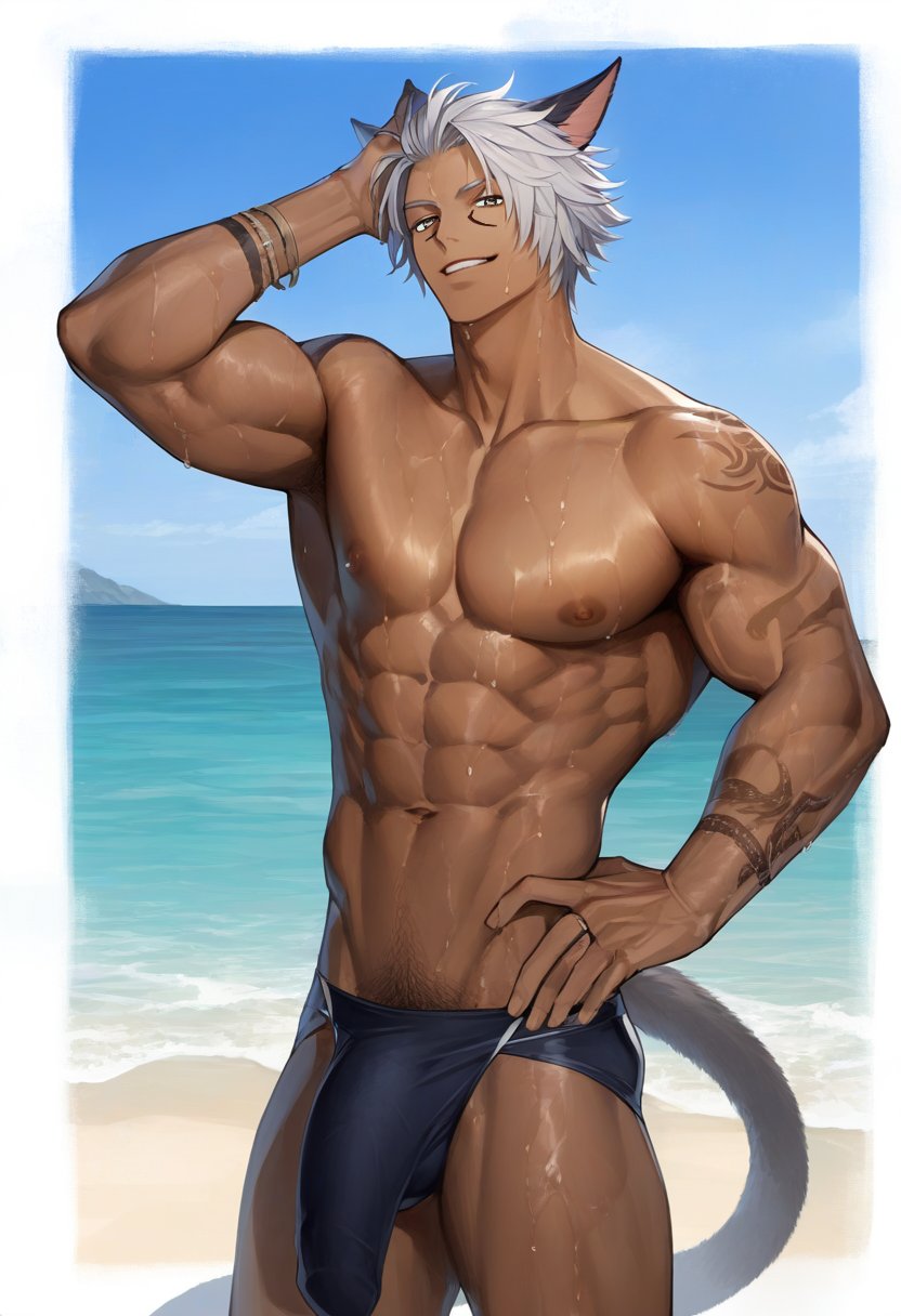 1boy abs ai_generated ai_golden_map animal_ears beach biceps bulge character_request cocky final_fantasy final_fantasy_xiv grey_hair hand_behind_head hand_in_hair looking_at_viewer looking_down looking_down_at_viewer male male_focus male_only miqo'te muscular muscular_arms muscular_chest muscular_male muscular_thighs naughty_face nipples outdoors pecs penis penis_under_clothes pov pov_eye_contact smile smiling_at_viewer smirk smirking_at_viewer smug solo solo_male standing swimwear tail tattoo topless wet