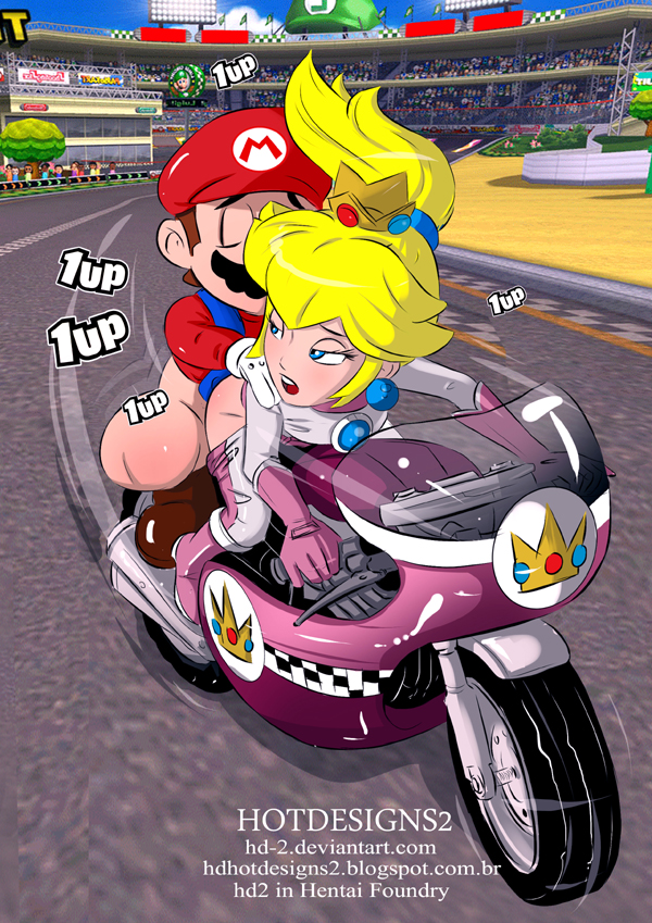 1boy 1girls bent_over biker_peach blonde_hair blue_eyes blush bodysuit clothed_sex clothing doggy_style female hi_res hotdesigns2 human legs looking_back male mario mario_(series) multitasking open_mouth pale_skin pants_pull ponytail princess_peach sex sex_from_behind tagme thighs vaginal vaginal_penetration