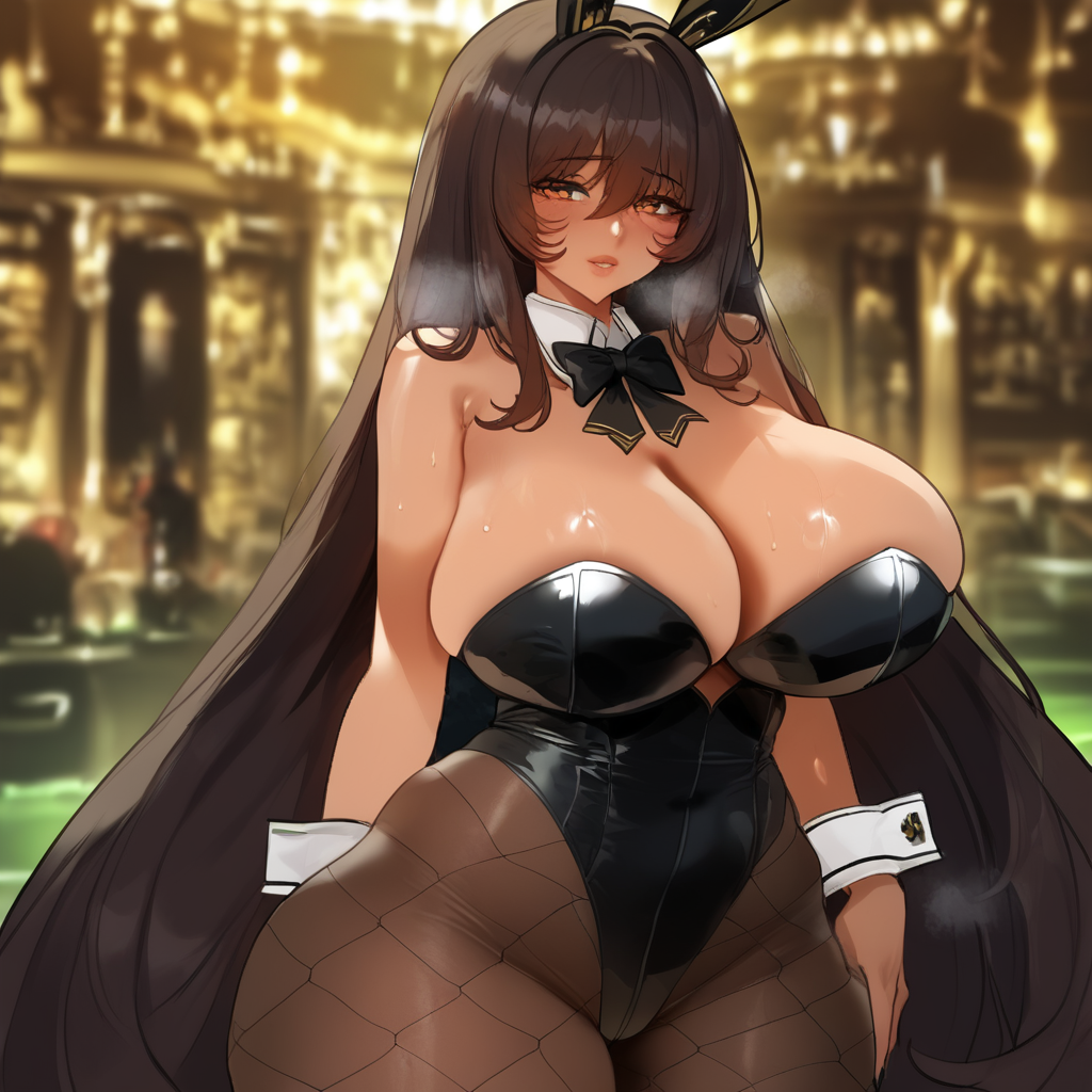 ai generated, big breasts, black hair, blush, breasts, breasts bigger than head, brown eyes, bunny ears, bunny girl, bunny tail, bunnysuit, cleavage, cosplay, dark hair, dark skin, dark-skinned female, female, fishnets, gigantic breasts, goddess of victory: nikke, hi res, high resolution, highres, hollowbeak, huge breasts, noir (nikke), pantyhose, shy, tagme, thighs