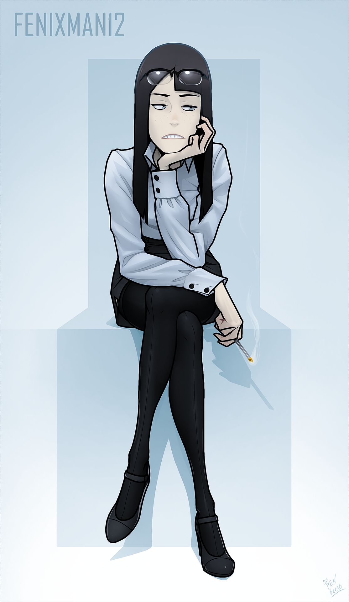 1girls black_hair cigarette clothing eizouken_ni_wa_te_wo_dasu_na! female_only fenixman12 glasses glasses_on_head legwear looking_down pale sayaka_kanamori small_breasts smoking solo solo_female stockings tagme