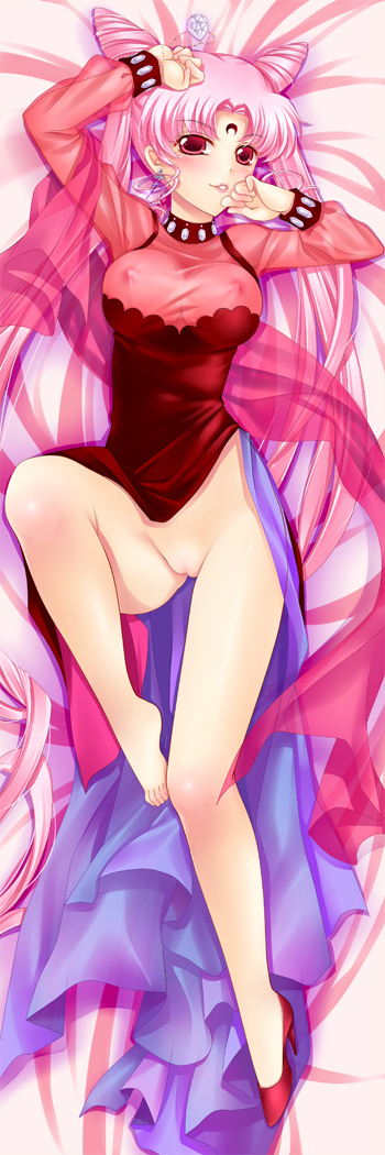 1girls artist_request bed bishoujo_senshi_sailor_moon black_lady breasts chibi_usa clothing dakimakura dark_persona dress erect_nipples erect_nipples_under_clothes female heels huge_breasts large_breasts long_hair medium_breasts nipple_bulge pink_hair posing pussy red_eyes tagme villainess