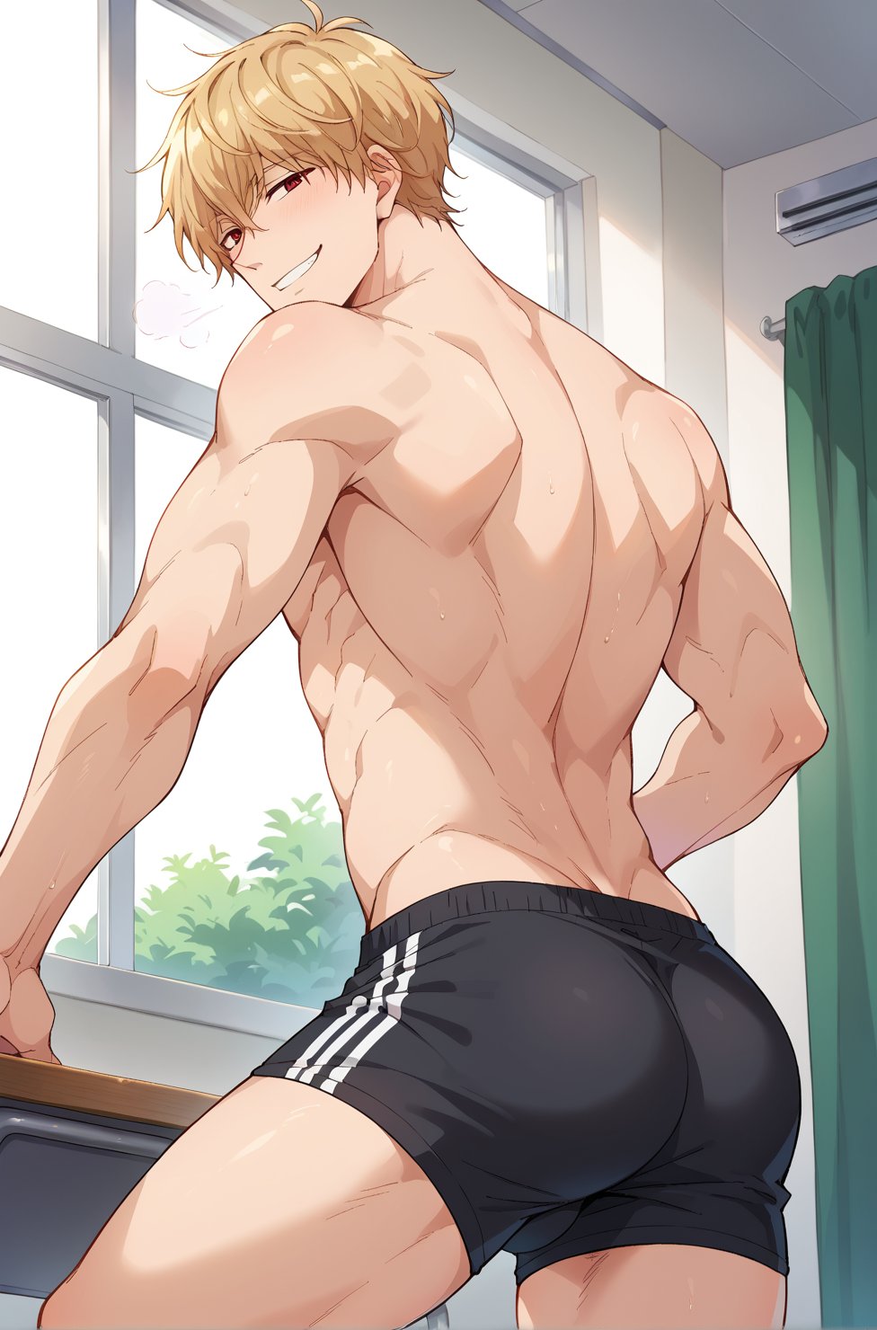 1boy ai_generated ass behind cum grin grinning half_naked in_classroom kyouya_sata looking_back male_focus male_only muscles muscular_male ookami_shoujo_to_kuro_ouji penis plagion small_shorts solo_male