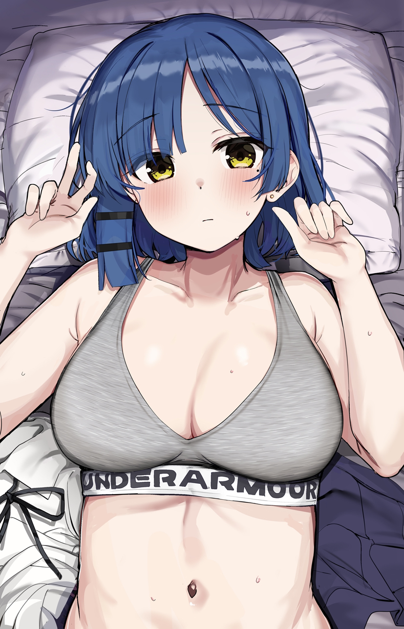 1girls absurd_res absurdres arms_up bare_arms bare_belly bare_chest bare_hands bare_midriff bare_navel bare_shoulders bare_skin bare_torso bed bed_sheet belly belly_button black_ribbon blue_hair blue_hair_female blue_skirt blush blush_lines blushing_at_viewer blushing_female bocchi_the_rock! bra breasts cleavage collarbone dot_nose ear_piercing elbows embarrassed embarrassed_female exposed exposed_arms exposed_belly exposed_midriff exposed_shoulders exposed_torso eyebrows_visible_through_hair female female_focus female_only fingers green_eyes green_eyes_female hairpin hands_up head_tilt high_resolution high_school_student highres laying_down laying_on_back laying_on_bed light-skinned_female light_skin looking_at_viewer medium_breasts medium_hair mole mole_under_eye navel neutral_expression on_back peace_sign pillow ribbon rouka_(akatyann) school_girl shirt shoulders skirt slender_body slender_waist slim_girl slim_waist solo sports_bra sweat sweatdrop sweating sweaty sweaty_arms sweaty_belly sweaty_body sweaty_breasts sweaty_face teen_girl teenage_girl teenager thin_waist tilted_head underwear unique_hair upper_body v white_bed white_bed_sheet white_pillow white_shirt yamada_ryou