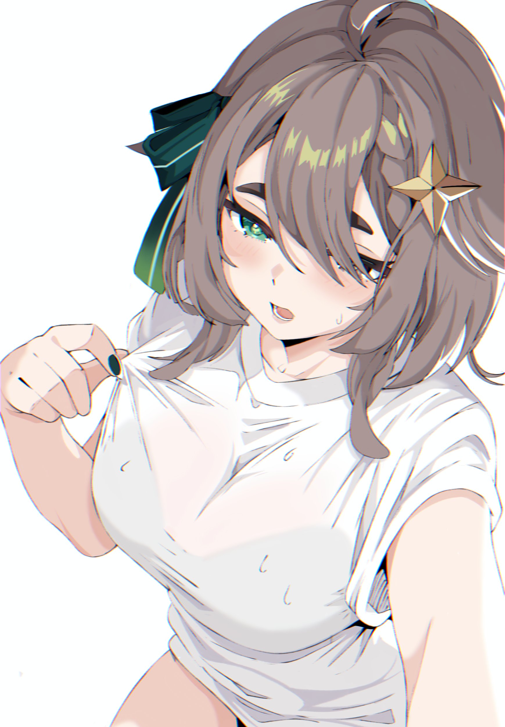 1girls, 2d, 2d (artwork), big breasts, blush, breasts, brown eyes, brown hair, female, female only, green eyes, heterochromia, indie virtual youtuber, light skin, light-skinned female, meica, open mouth, sexy, short hair, suggestive, sweat, thick thighs, thighs, virtual youtuber, vtuber, vtuberfanart, wet, wet shirt, white background, white shirt