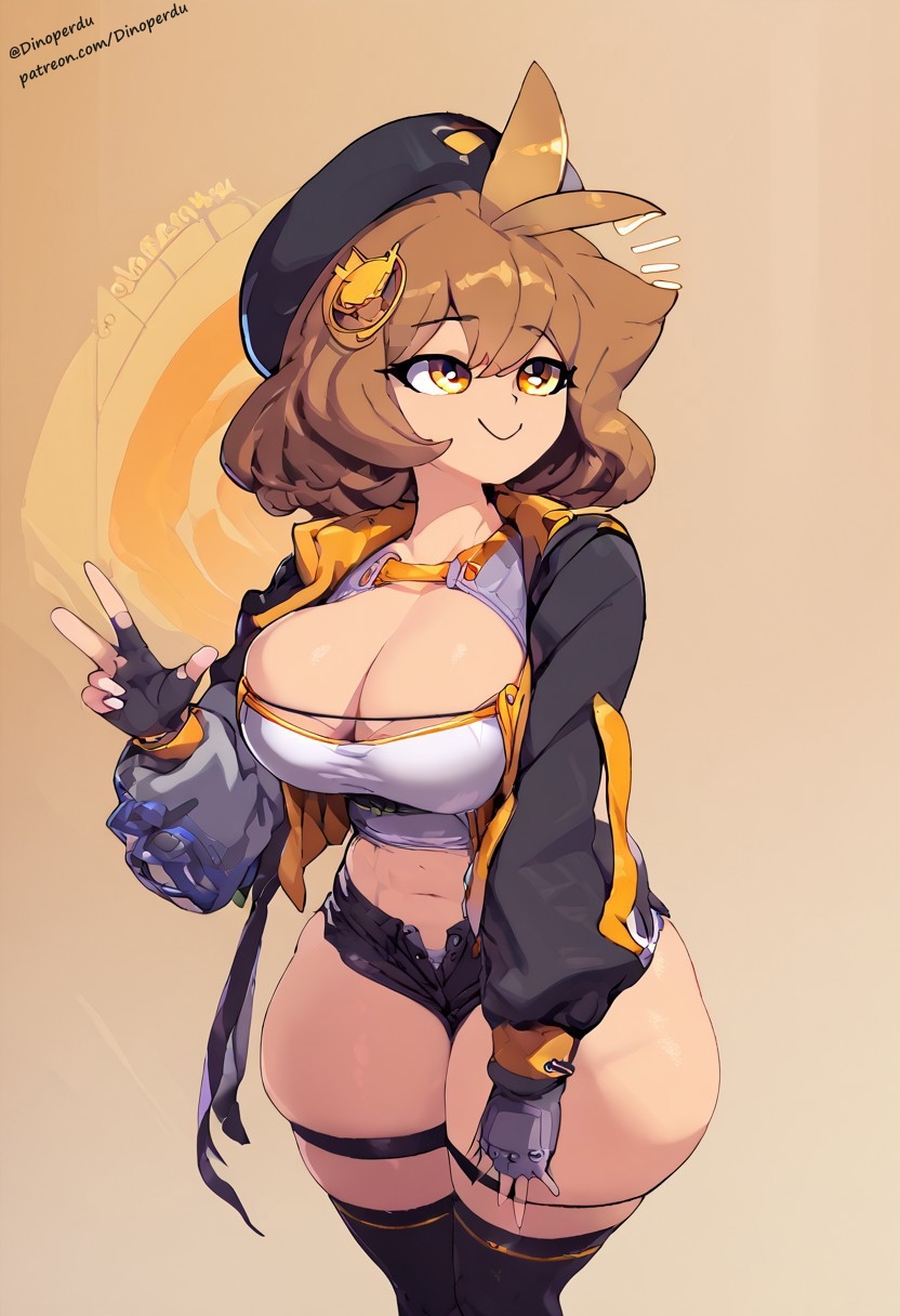 1girl ai_generated anis_(nikke) big_ass big_breasts brown_hair dinoperdu goddess_of_victory:_nikke hair_ornament happy huge_breasts smile yellow_eyes