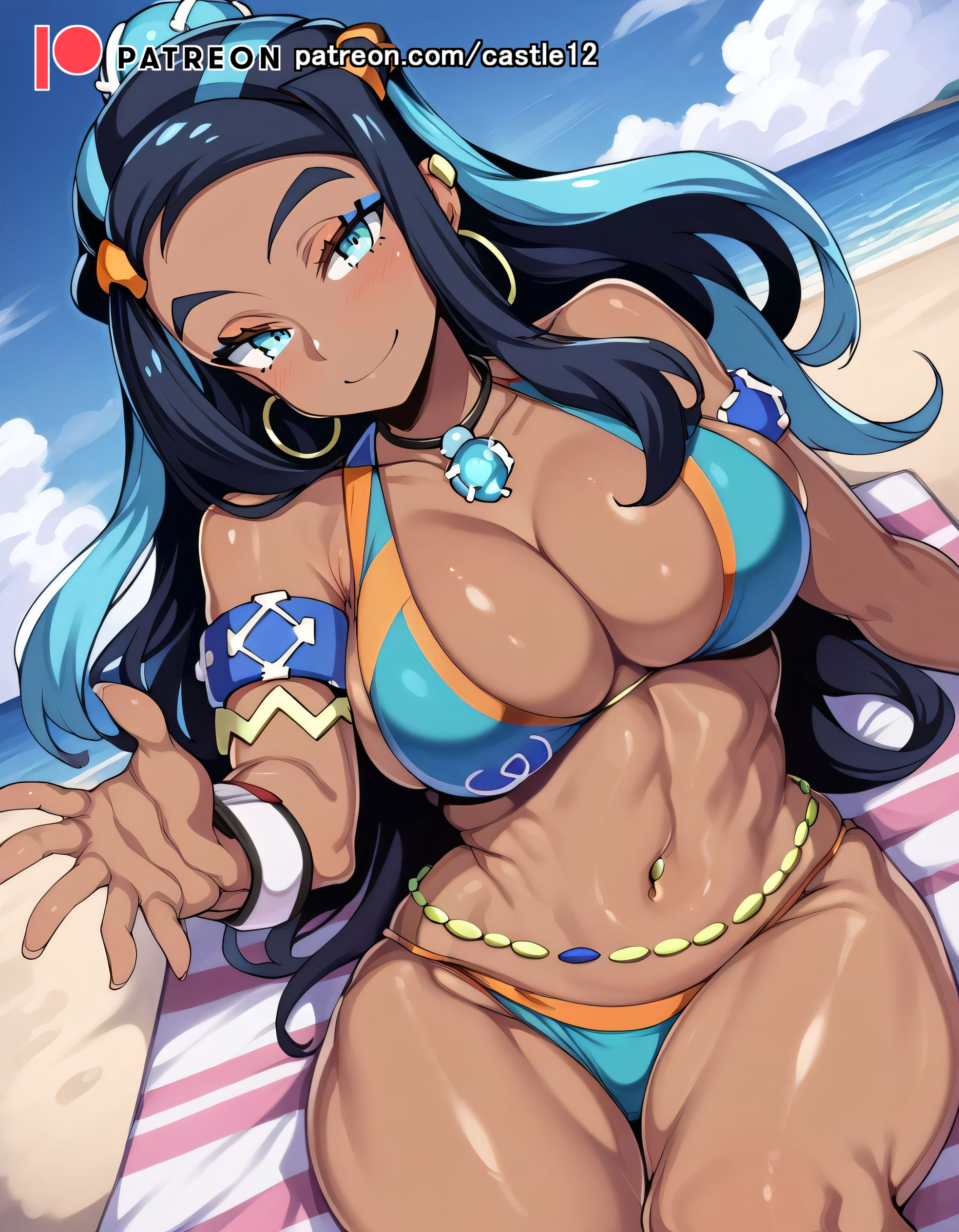 1girls, ai generated, alternate breast size, big breasts, bikini, blue eyes, blue hair, breasts, busty, castle12, curvaceous, curvy, curvy body, curvy female, curvy figure, dark skin, dark-skinned female, female, huge breasts, human, irrumatio, large breasts, nessa (pokemon), nintendo, pokemon, smile, swimwear, thick thighs, thighs, venus body, voluptuous