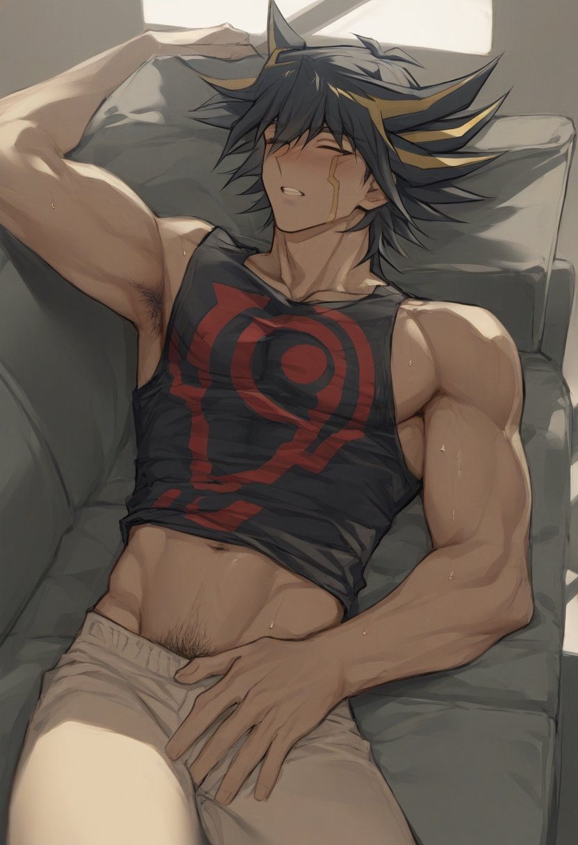 1boy ai_generated male_focus male_only muscular muscular_male pubic_hair_peek sleeping solo_male tank_top yu-gi-oh!_5d's yusei_fudo