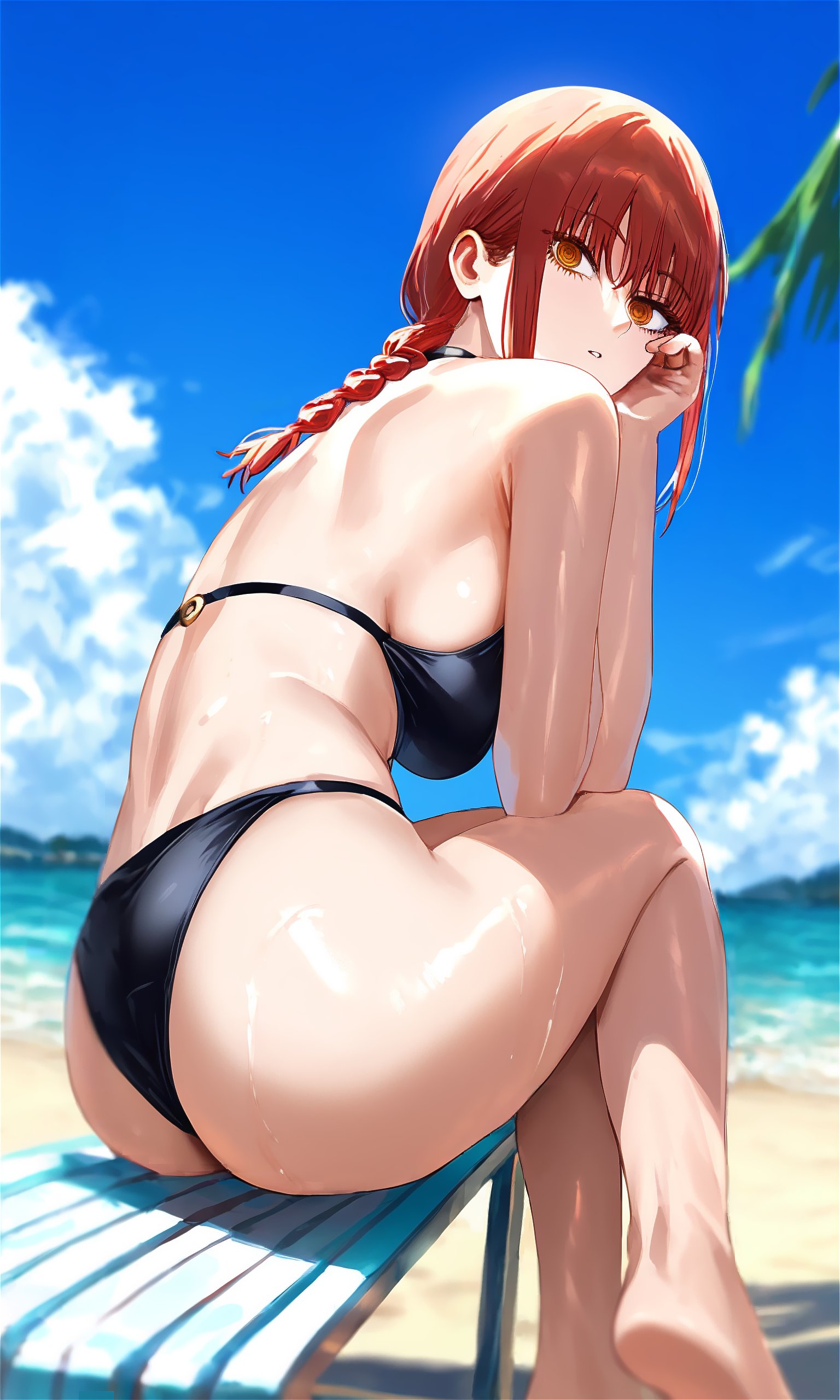 1girls, ai generated, alternate costume, ass, bikini, black bikini, braided ponytail, breasts, chainsaw man, female, human, light skin, light-skinned female, makima (chainsaw man), medium breasts, ponytail, rear view, red hair, sideboob, sitting, smooth skin, solo, summer, swimwear, wet, wet body, wet clothes, wide hips, yellow eyes