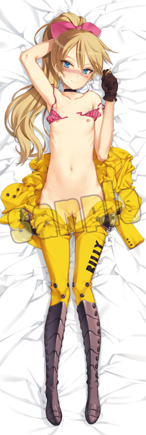 5pb. billy_the_kid_(eiyuu_senki) blue_eyes blush boots bow bra brown_hair bruce_lee's_jumpsuit dakimakura eiyuu_senki hairbow knee_boots long_hair no_panties ooyari_ashito ponytail pussy sample single_glove smile solo tied_hair underwear undressing