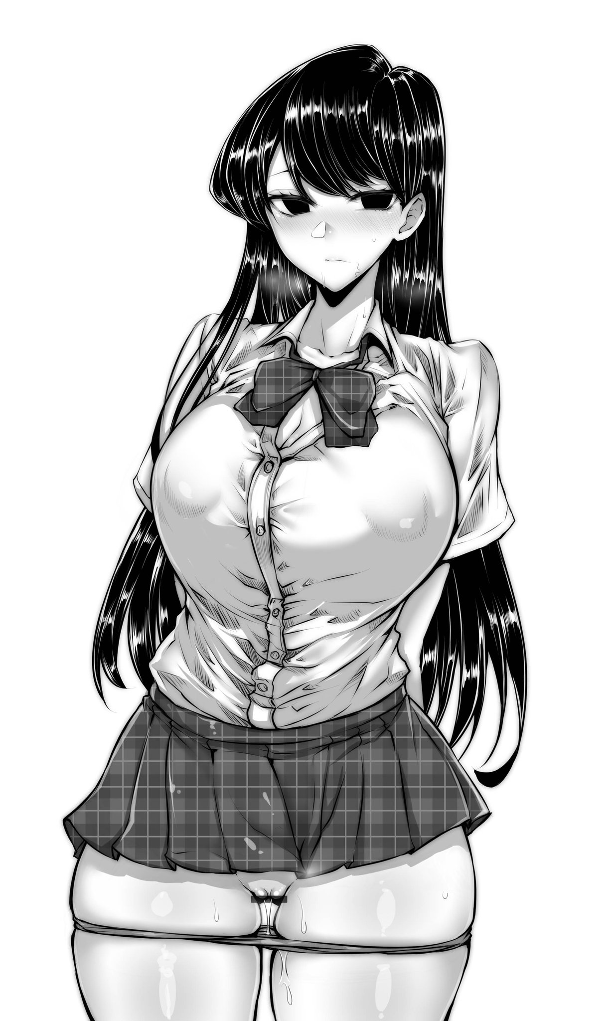 1girls, big breasts, black hair, breasts, bursting breasts, dripping pussy, erect nipples under clothes, exposed pussy, female, gggg, komi shouko, komi-san wa komyushou desu, large areolae, large breasts, long hair, monochrome, panties, panties around leg, panties down, pussy, pussy juice, pussy juice string, school uniform, schoolgirl, skirt, solo, thick thighs, tight clothing