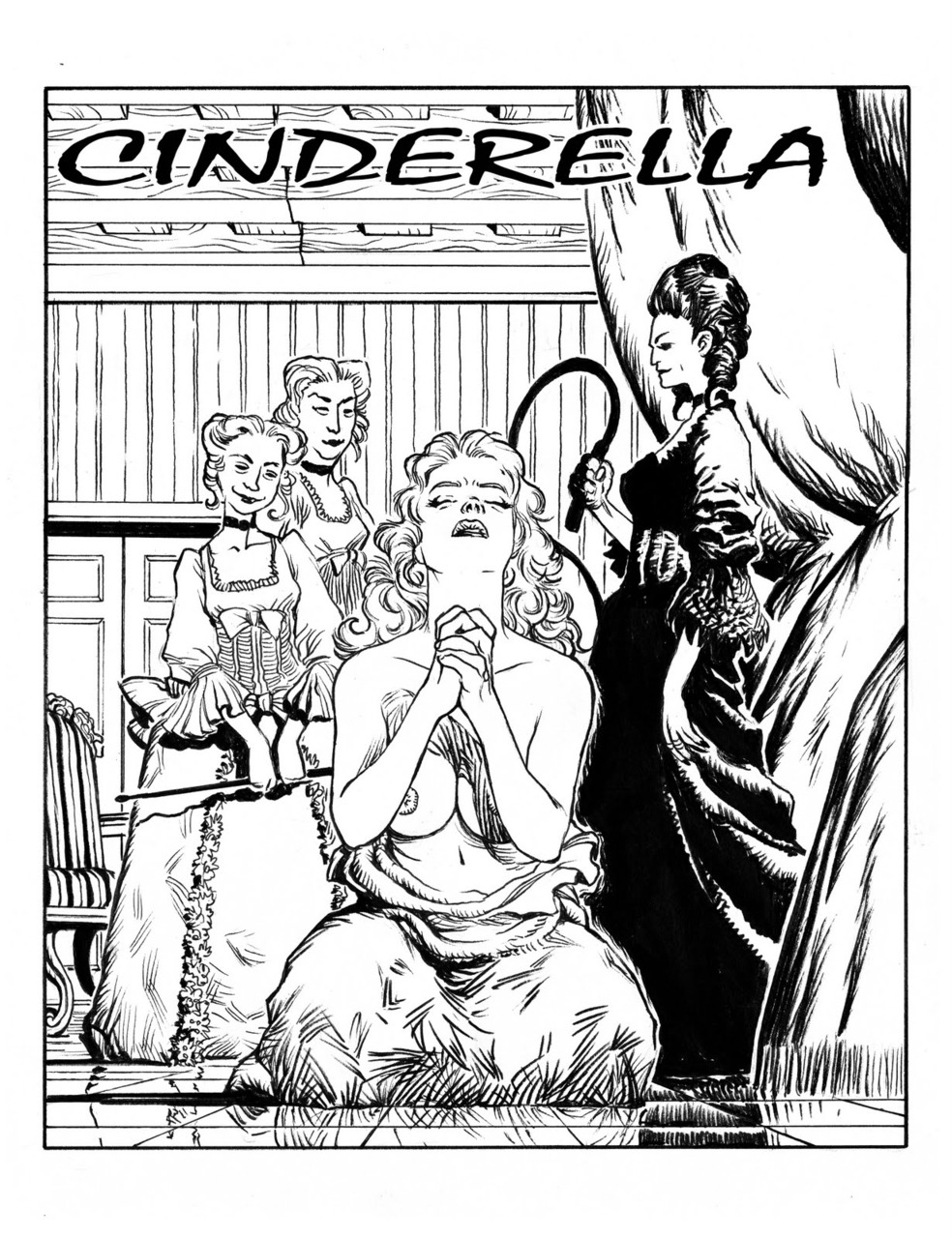 4girls cinderella cinderella_(fairy_tales) fairy_tales grimms'_fairy_tales monochrome multiple_girls nipples public_domain tagme whip wicked_stepmother wicked_stepsisters