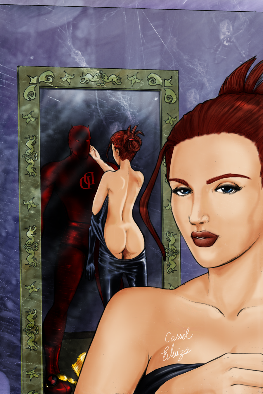 1boy 1girls black_widow_(marvel) bodysuit bodysuit_pull clothed_male clothed_male_nude_female daredevil daredevil_(series) female human human_only male male/female marvel marvel_comics mirror mirror_reflection natasha_romanoff partially_undressed red_hair straight tagme