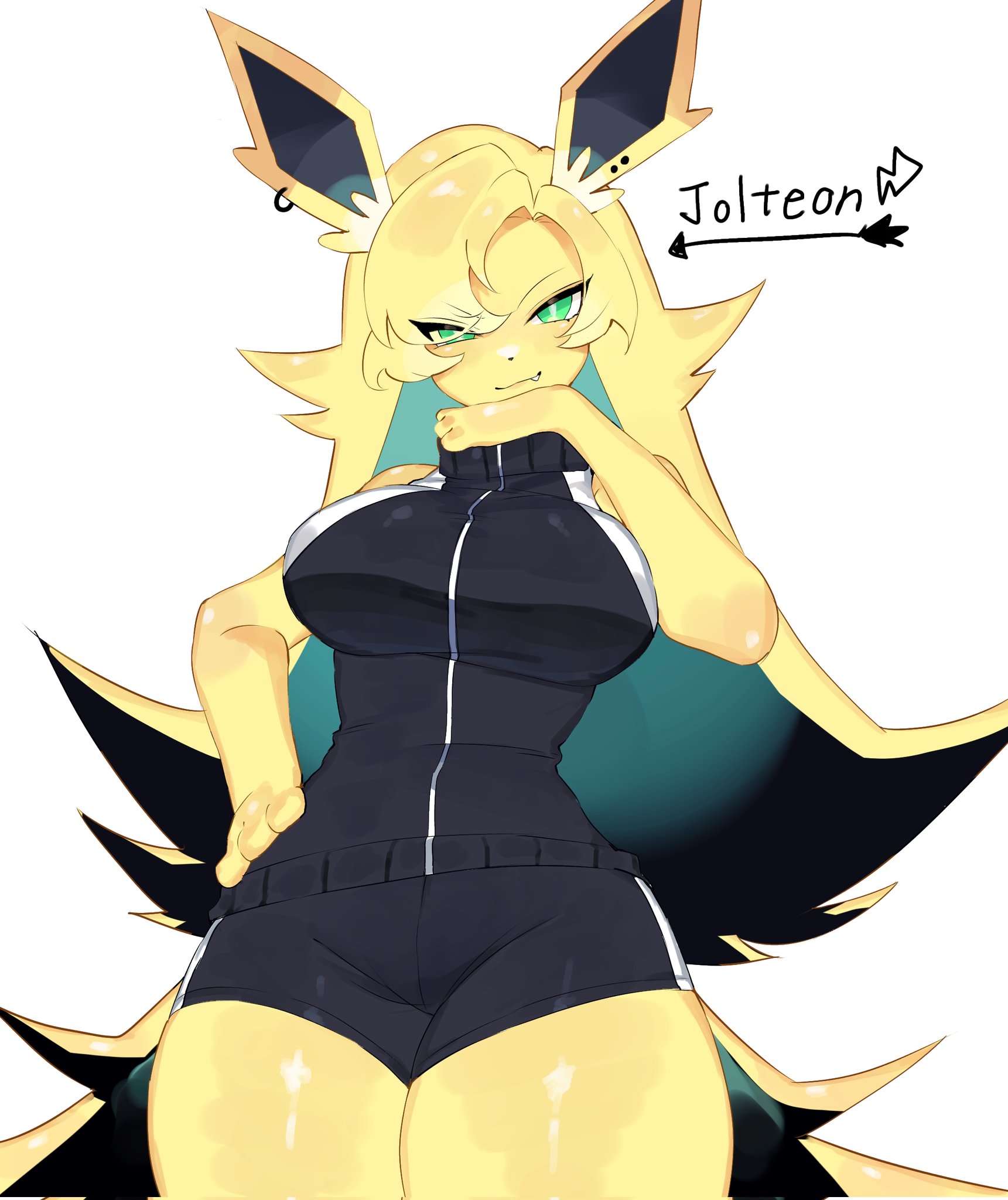 anthro, big breasts, black bottomwear, black clothing, black shorts, blonde hair, bottomwear, breasts, clothing, cute, cute face, cute fang, ear piercing, ear ring, eeveelution, fang out, fangs, female, female only, green eyes, hair, hi res, jolteon, looking at viewer, mouth closed, nintendo, piercing, pokemon, pokemon (species), ring piercing, shorts, sleeveless shirt, smile, solo, solo female, teeth, togetoge