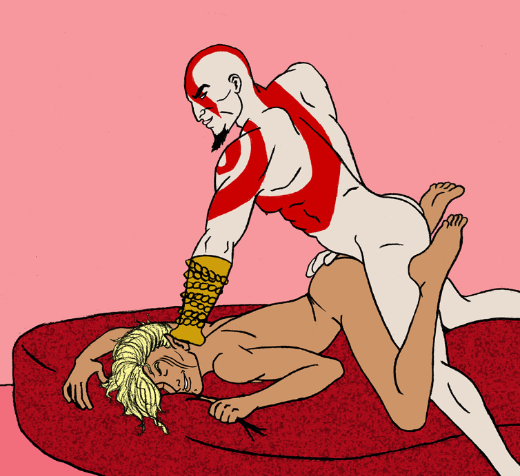 2boys anal anal_penetration anal_sex bald beard blonde_hair body_markings crossover dragon_age dragon_age_origins elf facial_tattoo god_of_war interspecies kratos male multiple_males no_visible_genitalia pointed_ears tan_skin tranetrax white_skin yaoi yellow_hair zevran_arainai