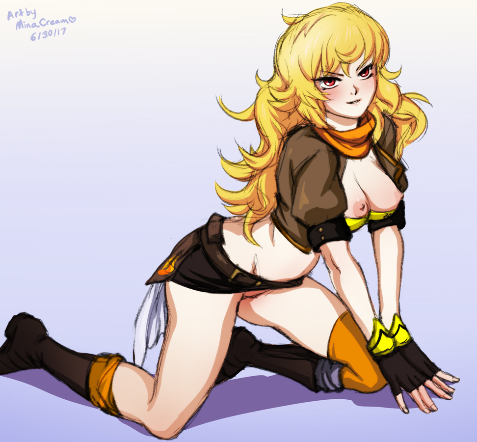 blonde hair, breasts, female, functionally nude, minacream, nipples, no bra, no panties, red eyes, rwby, top pulled down, yang xiao long