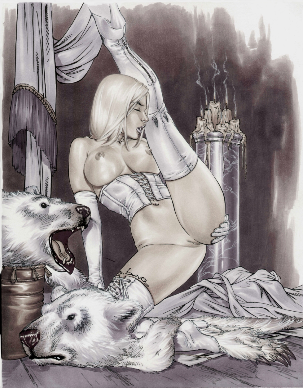 bear boots bottomless emma_frost eric_basaldua high_heels marvel masturbation rug topless white_queen x-men