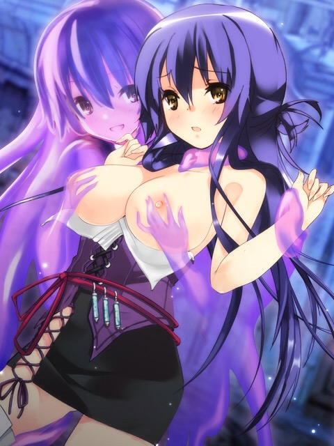 blush breast_grab breasts breasts_out brown_eyes female large_breasts long_hair looking_at_viewer majika_majika nipples open_mouth purple_hair refeia skirt slime smile solo topless tsukushi_mizuho