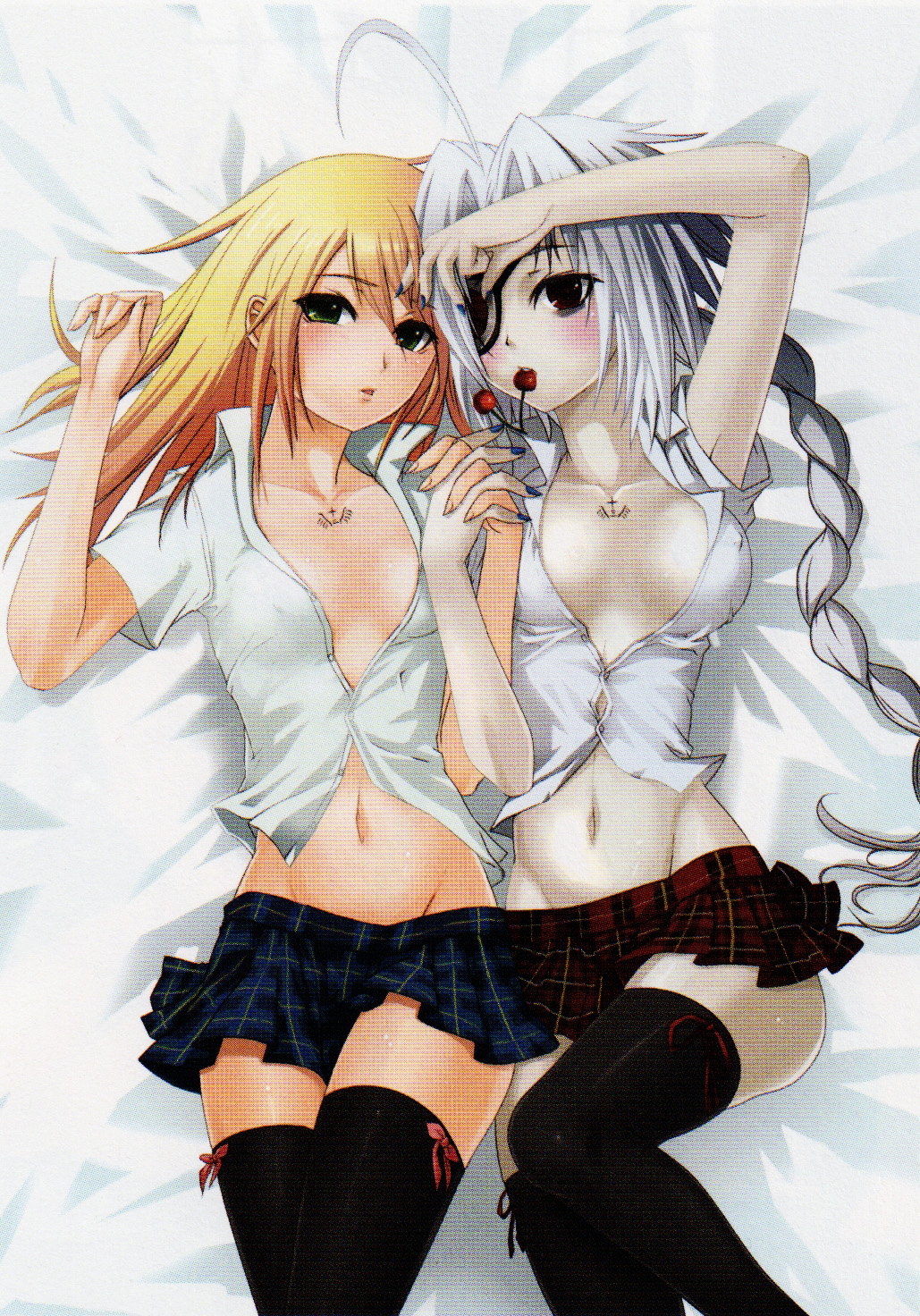 2girls bed blazblue blonde_hair blush braid cleavage eye_patch female green_eyes kneehighs long_hair multiple_girls noel_vermillion nu-13 open_clothes open_shirt red_eyes ribbon shirt skirt voice_actor_connection white_hair