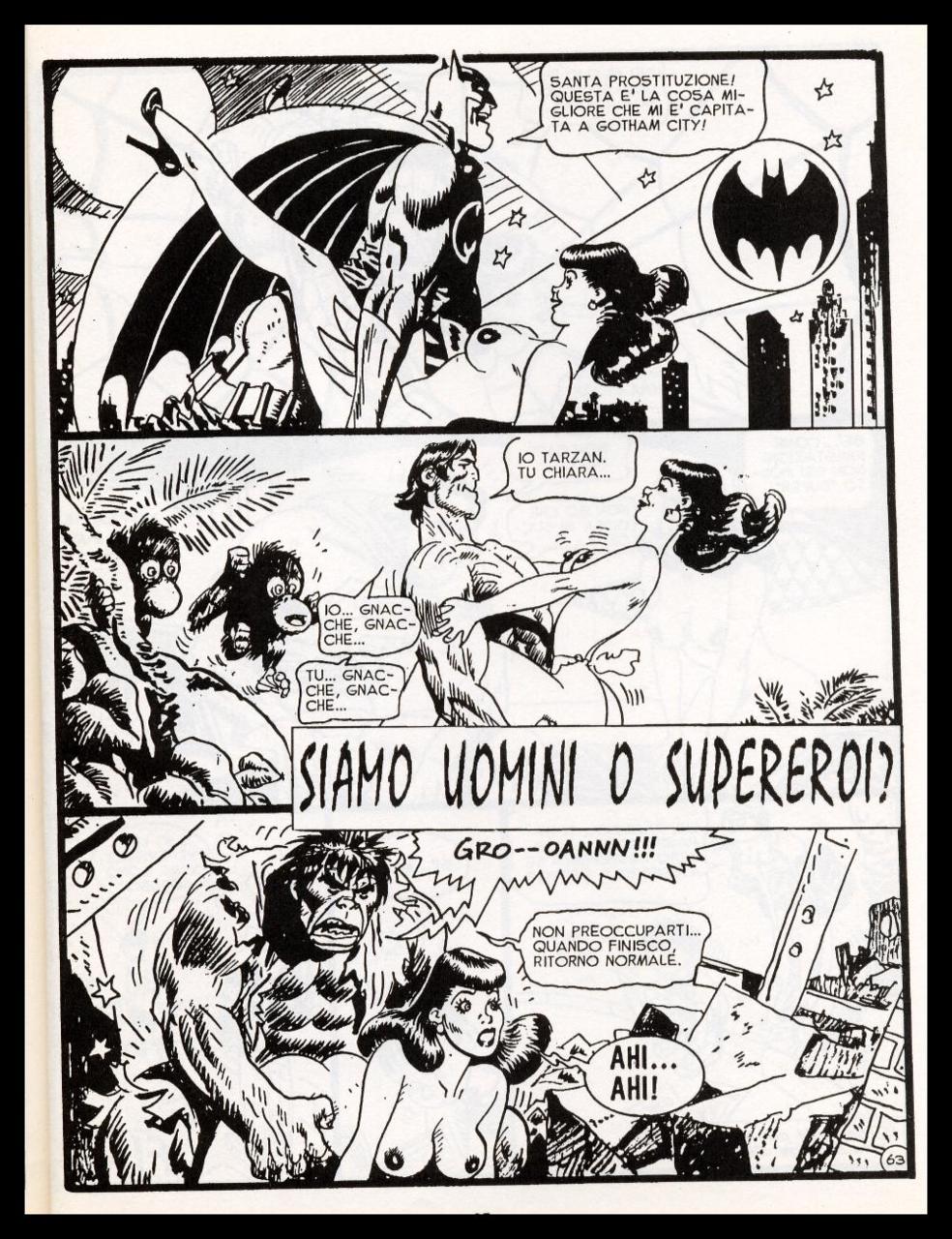 3boys 3girls bat_signal batman batman_(series) breasts comic crossover dc_comics female hulk hulk_(series) human italian_text light-skinned_female light_skin male marvel marvel_comics monochrome nipples sex straight tarzan tarzan_(character)