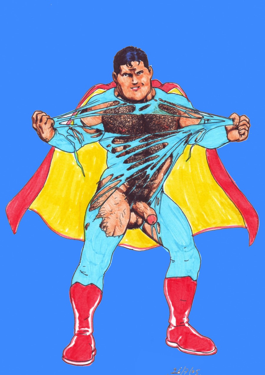 1boy 2005 bruno_b costume dc flaccid_penis hairy_chest looking_at_viewer male male_only muscular muscular_male penis ripped_clothing superman superman_(series) testicles uncut