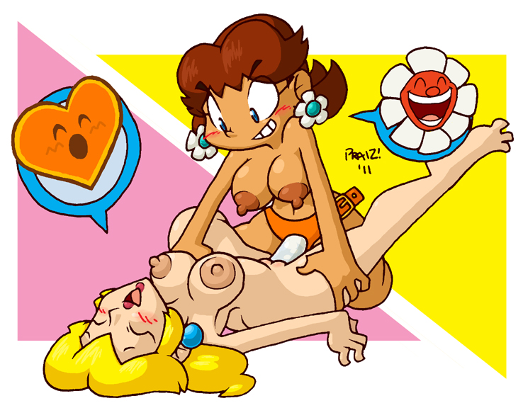 breasts brown_hair color female female_only hair human insertion mario_(series) multiple_females multiple_girls nintendo nipples praiz princess_daisy princess_peach strap-on super_mario_bros. super_princess_peach tagme yellow_hair yuri