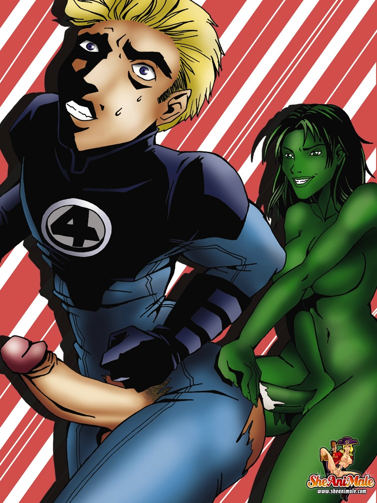 1boy 1futa anal blonde_hair cum cum_inside dickgirl fantastic_four futa_on_male futadom futanari green_hair green_skin hulk_(series) human_torch intersex johnny_storm male marvel marvel_comics nude_futanari penis rape she-hulk sheanimale torn_clothing