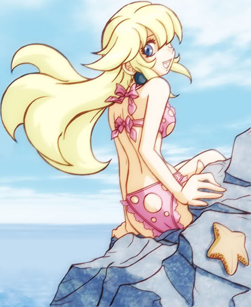 beach bikini blonde_hair long_hair mario_(series) mauroz nintendo princess_peach rocks