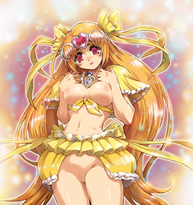 1girls blonde_hair bottomless bow breasts bubble_skirt clothing cure_muse cure_muse_(yellow) female heart hisahiko long_hair magical_girl navel pink_eyes precure pretty_cure pussy shirabe_ako skirt small_breasts solo suite_precure uncensored