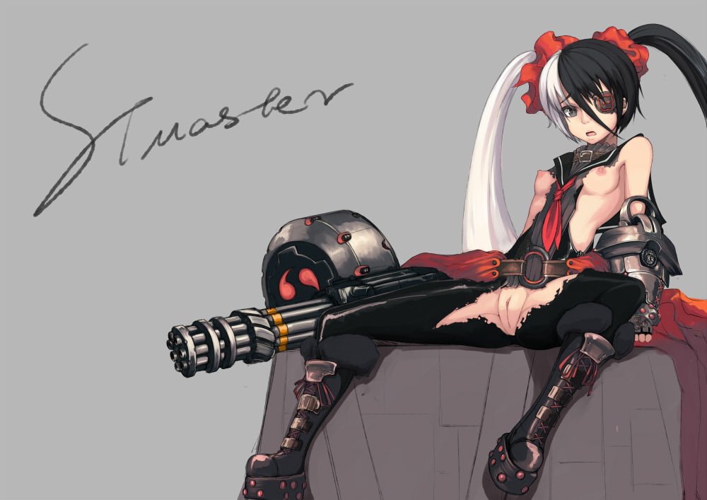 blade_&_soul boots breasts eye_patch female gatling_gun gun innie_pussy nipples open_mouth pohwaran pussy sitting small_breasts solo spread_legs stmaster tied_hair torn_clothes twintails two_tone_hair uncensored weapon