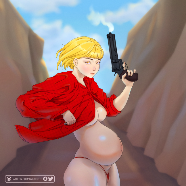 1girls belly big_belly blonde_hair breasts cameltoe casual female firearm gun handgun human nipples pale_skin panties pregnant revolver solo thick_thighs twistedted weapon