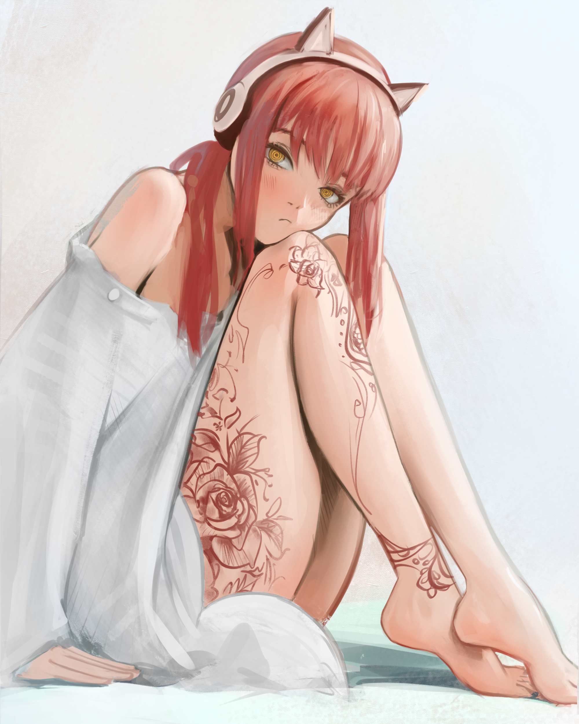1girls, barefoot, barely clothed, blush, braid, braided ponytail, chainsaw man, cute, feet, female, headphones, light skin, light-skinned female, looking at viewer, makima (chainsaw man), mawaw, pouting, red hair, ringed eyes, sidelocks, sitting, solo, solo female, tattoo, tattoo on legs, yellow eyes