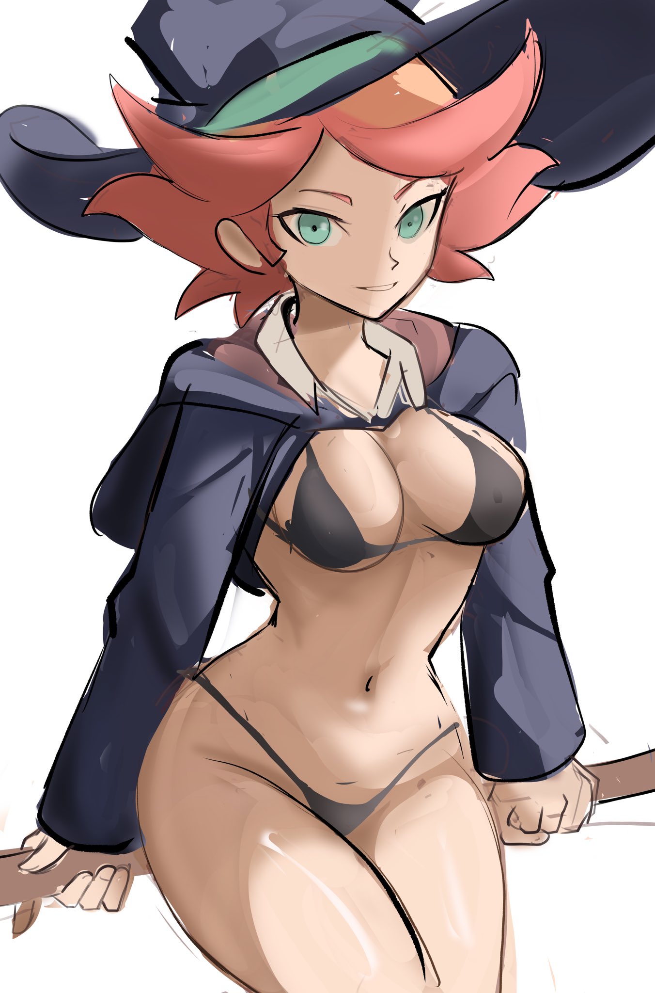 1girls, amanda o'neill, bikini, breasts, broom, female, female only, green eyes, little witch academia, looking at viewer, orange hair, pink hair, rakeemspoon, short hair, thighs, tomboy, two-tone hair, witch, witch hat