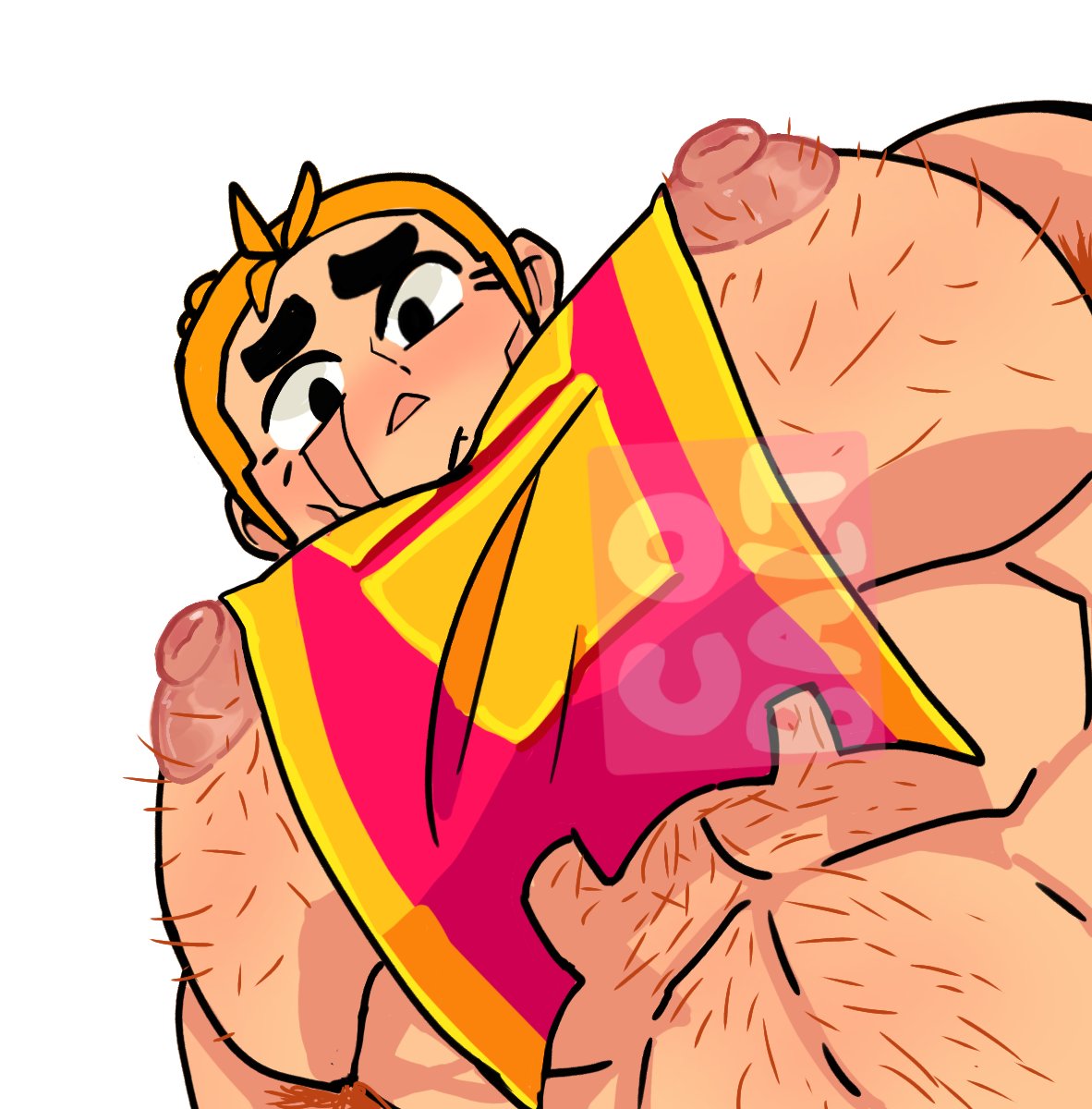 1boy 1male abs absurd_res absurdres alternate_version_available armpit_hair artist_request bara big_nipples big_pecs blonde_hair brawl_stars chest_hair erect_nipples eyebrows gay grom_(brawl_stars) hair hairy hairy_chest hairy_male hi_res highres huge_pecs looking_at_viewer looking_down male male_focus male_only muscular muscular_male nipples no_visible_genitalia pecs scar short_hair simple_background solo solo_focus solo_male upper_body white_background