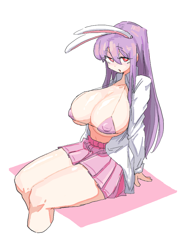 1girls :o bikini_top breasts bunny_ears collared_shirt eyeshadow female large_breasts leebongchun looking_at_viewer open_mouth pink_bikini pink_bikini_top pink_eyeshadow pink_skirt portrait purple_hair rabbit_ears red_eye reisen_udongein_inaba sitting skirt solo touhou unbuttoned_shirt white_background white_collared_shirt