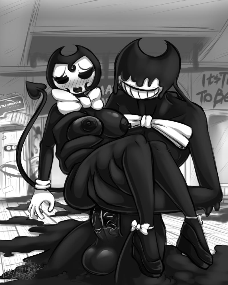 1boy 1girls bendy bendy_and_the_ink_machine bendy_fem bendy_the_dancing_demon bethy_(laranthrod) black_and_white breasts latiar penis tagme