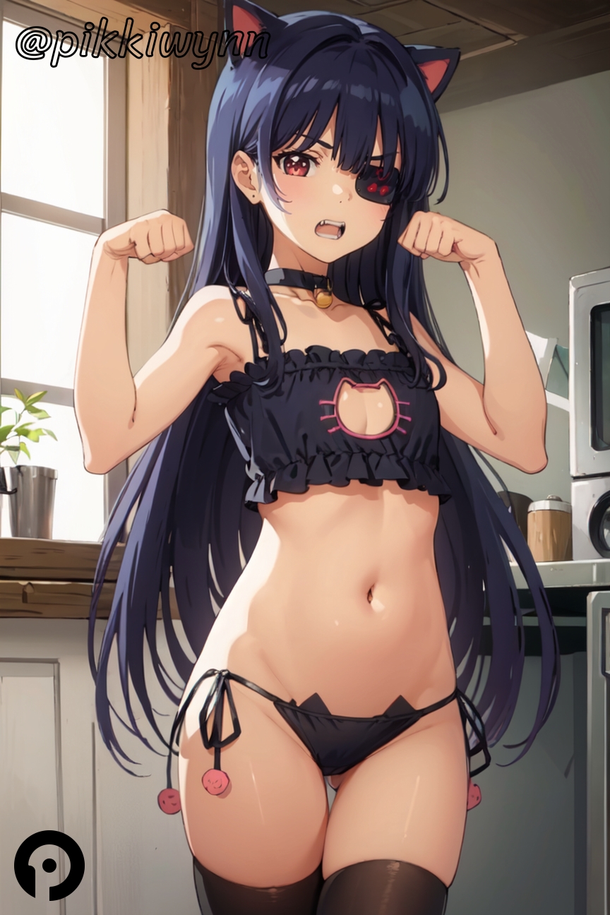 ai_generated animal_ears armpits ass_visible_through_thighs bare_arms bare_shoulders bell black_bra black_choker black_hair black_panties black_thighhighs bra breasts cat_cutout cat_ear_panties cat_ears cat_lingerie choker cleavage cleavage_cutout clothing_cutout collarbone cowboy_shot eyepatch female frilled_bra frills hands_up indoors jingle_bell long_hair looking_at_viewer meme_attire mirai_(senran_kagura) navel neck_bell open_mouth panties paw_pose pikkiwynn red_eyes senran_kagura side-tie_panties small_breasts solo standing stomach thigh_gap thighhighs thighs underwear underwear_only very_long_hair