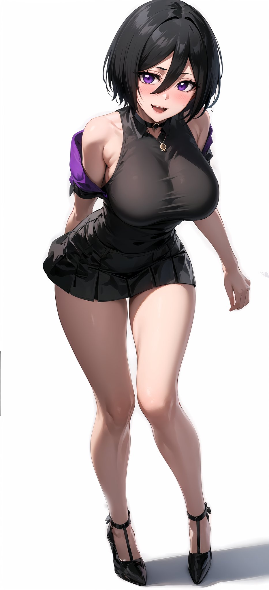 1girls, ai generated, alternate breast size, black hair, bleach, breasts, female, female only, kuchiki rukia, large breasts, legs, long legs, mature female, medium hair, miniskirt, pervert, pervert female, short hair, skirt, smile, solo, white background