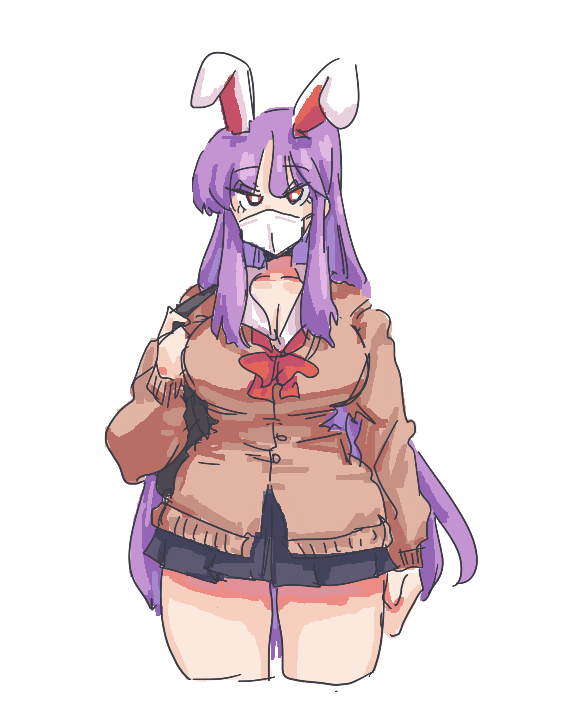 1girls bangs bow breasts bunny_ears face_mask female large_breasts leebongchun legs_apart long_hair mask miniskirt parted_bangs portrait purple_hair rabbit_ears red_hair red_ribbon reisen_udongein_inaba ribbon school_bag school_uniform sidelocks solo sweater touhou very_long_hair