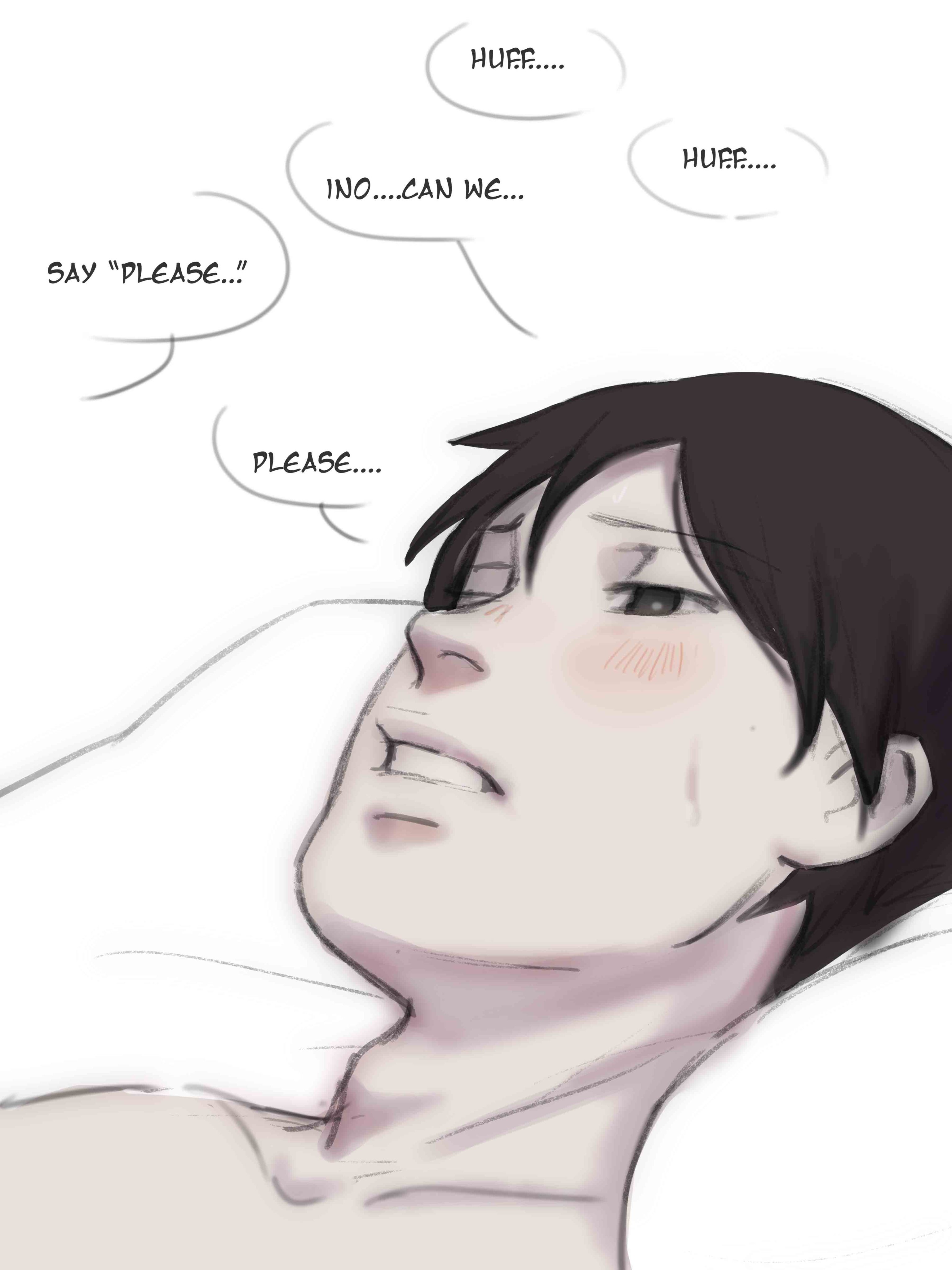 1boy, 1girls, absurd res, black eyes, black hair, blush, boruto: naruto next generations, canon couple, comic, couple, dialogue, dominant female, english text, female, femdom, hi res, high resolution, highres, husband and wife, ino yamanaka, light skin, light-skinned male, male, male focus, married couple, moan, moaning, moaning in pleasure, monday mint, narrowed eyes, naruto, naruto (series), naruto shippuden, naruto: the last, on back, on bed, pale skin, pale-skinned male, pillow, sai, shounen jump, shueisha, speech bubble, story, submissive male, text, very high resolution, white background, yamanaka ino