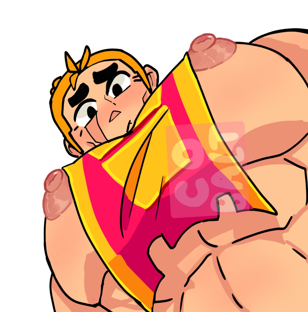 1boy 1male abs absurd_res absurdres alternate_version_available artist_request bara big_nipples big_pecs blonde_hair brawl_stars erect_nipples eyebrows gay grom_(brawl_stars) hair hi_res highres huge_pecs looking_at_viewer looking_down male male_focus male_only muscular muscular_male nipples no_visible_genitalia pecs scar short_hair simple_background solo solo_focus solo_male upper_body white_background