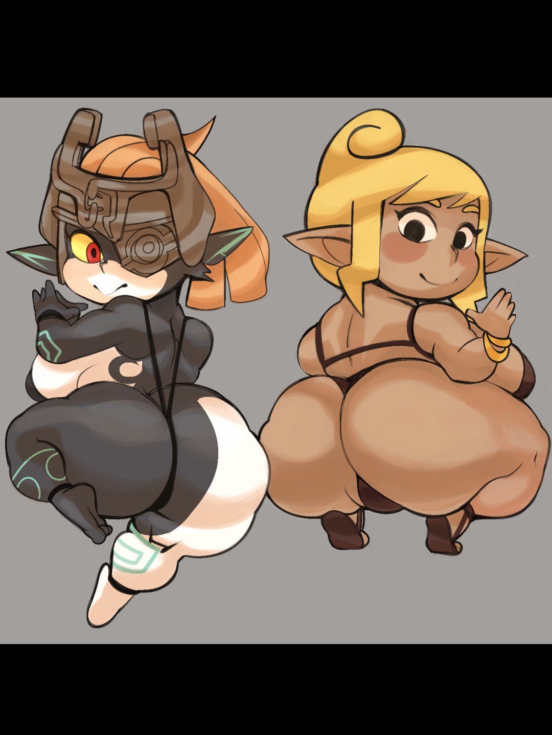 2girls ass big_ass big_breasts bikini bikini_bottom bikini_top black_body blonde_hair breasts clothing fat_ass female female_only huge_ass imp imp_midna large_ass large_breasts looking_at_viewer looking_back meat_447 midna multicolored_body nintendo orange_hair pointy_ears red_eyes shortstack sideboob skimpy squatting swimsuit tetra the_legend_of_zelda thick_ass thick_thighs thighs twilight_princess wind_waker